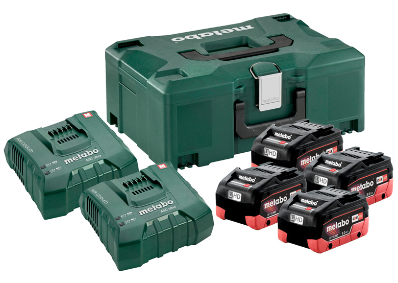 Set di 4 batterie 18V LiHD 8.0Ah e 2 caricatori ASC Ultra in MetaLoc Metabo 685135000