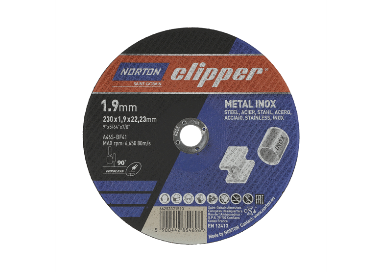 Disco da taglio Metal/inox 230x1,9mm Norton A46S-230x1.9x22.23-T41 NOR-Clipper